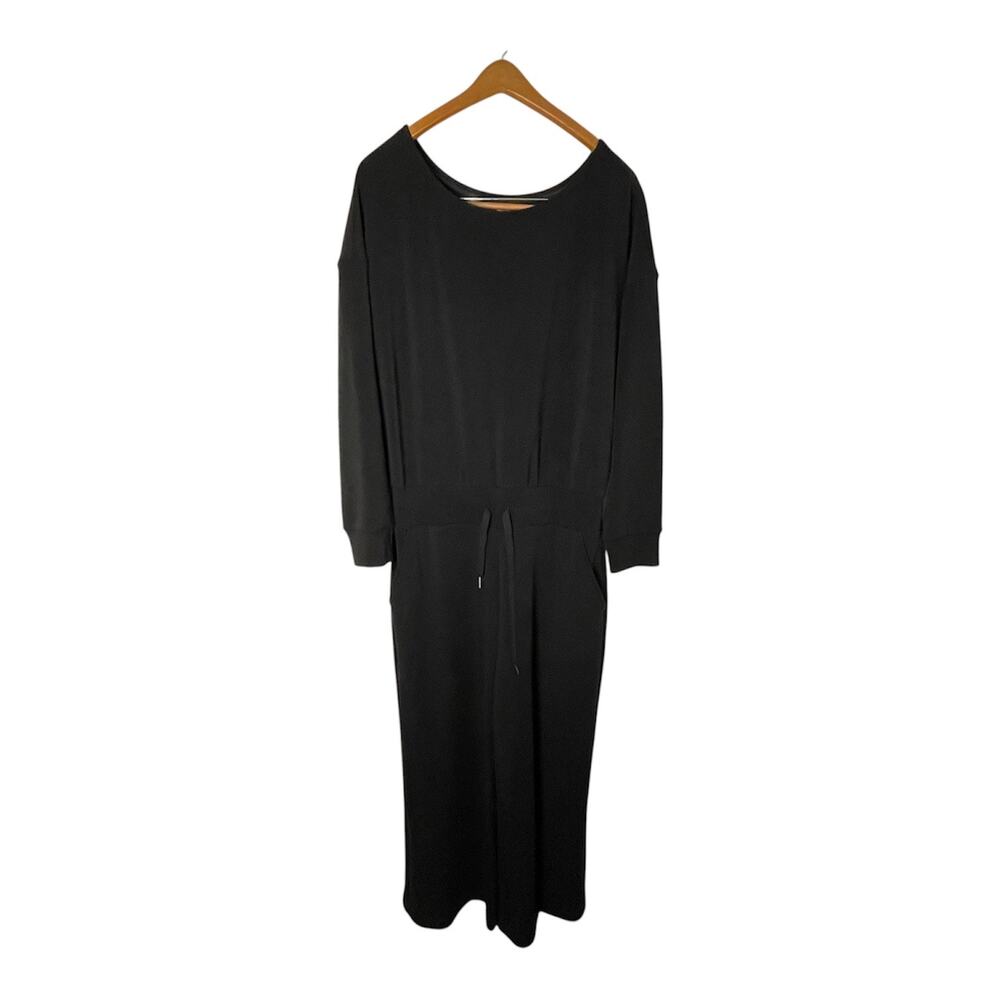 SPANX AirEssentials Jumpsuit 1X Petite Black Long Sleeve Wide Leg Drawstring - Picture 3 of 11